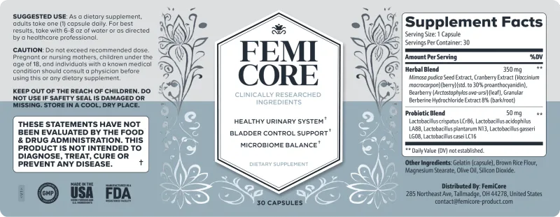 FemiCore supplement facts style visual referenced for formula transparency checks
